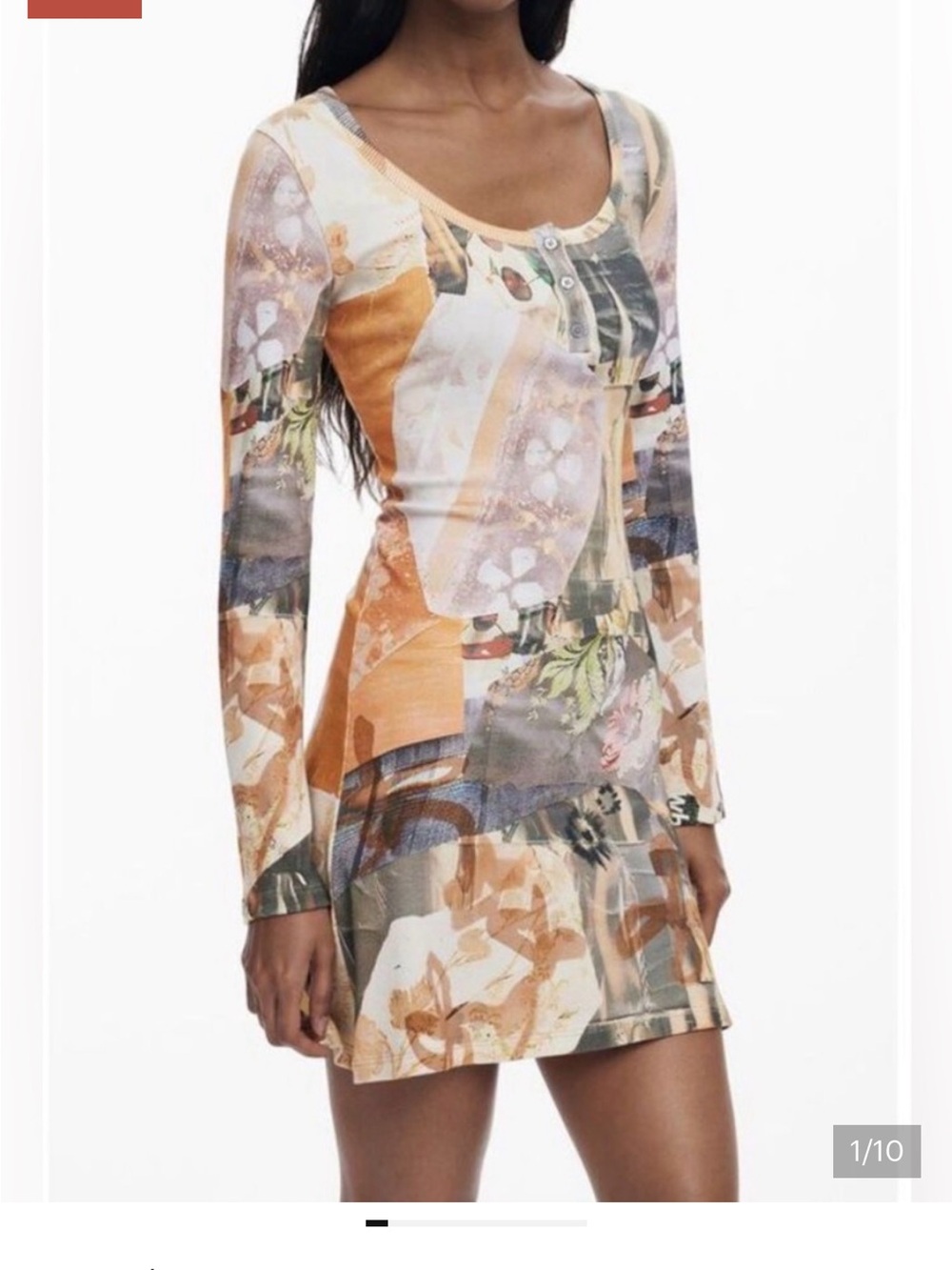 Desigual Abstract Print Scoop-Neck Long Sleeve Mini Dress - Cream & Tan